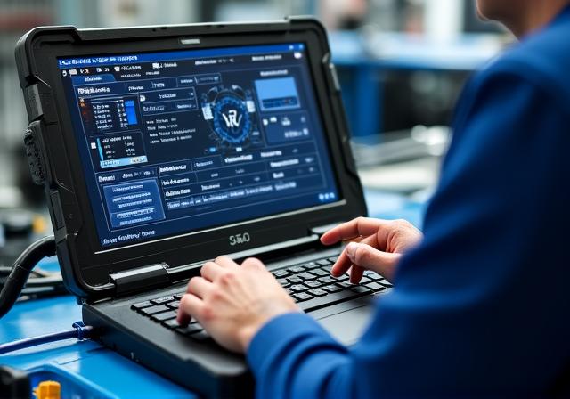 Een professionele tuner die ECU software aanpast via een laptop verbonden met een moderne auto