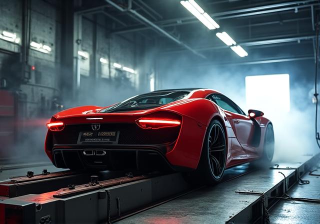 Een auto op een testbank (dyno) tijdens een performancemeting